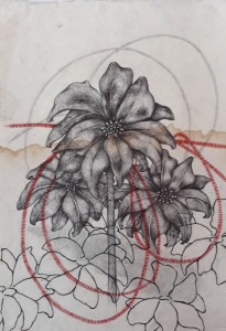 Metal flowers, pencil, ballpoint pen, ink, sewing on Lao paper, 43 x 30 cm, 2018