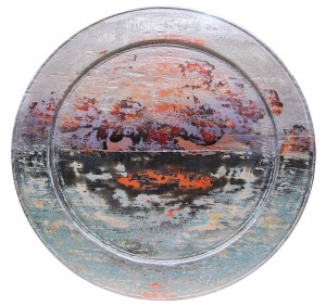 Trifles No 4 _ lacquer ,dyes and silver leaf on old wooden tray _ 52 cm _ 2018