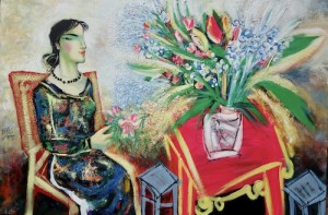 Lady in Ao Dai and flower vase, 100x150cm, oil on canvas, 2022
